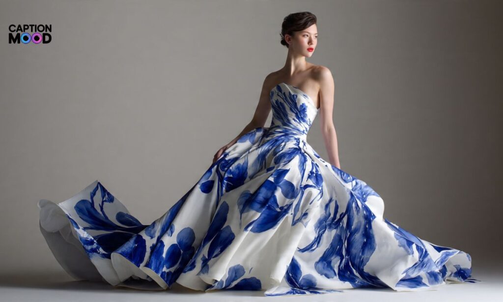 White and Blue Dress Captions