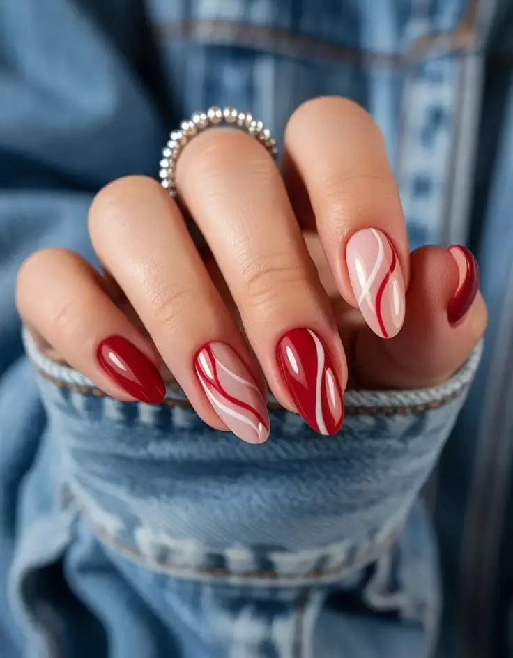 Short Red and White Nails
